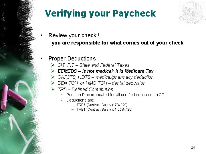 Verifying your Paycheck • Review your check ! you are responsible for what comes