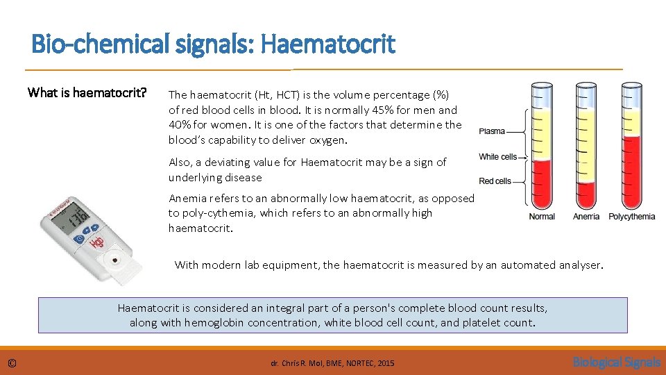 Bio-chemical signals: Haematocrit What is haematocrit? The haematocrit (Ht, HCT) is the volume percentage