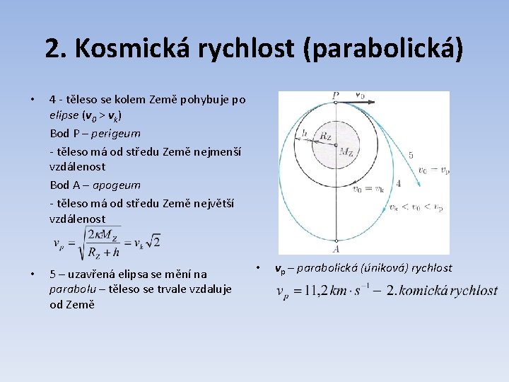 2. Kosmická rychlost (parabolická) • 4 - těleso se kolem Země pohybuje po elipse