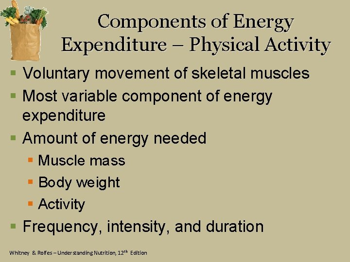 Components of Energy Expenditure – Physical Activity § Voluntary movement of skeletal muscles §