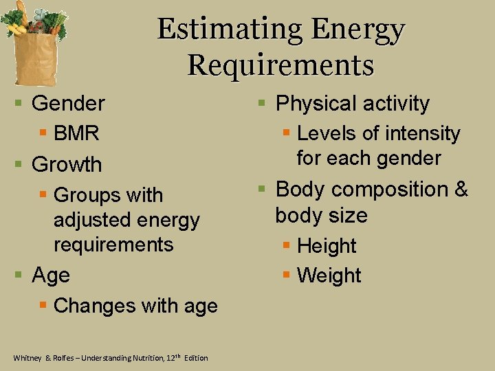 Estimating Energy Requirements § Gender § Physical activity § BMR § Growth § Groups