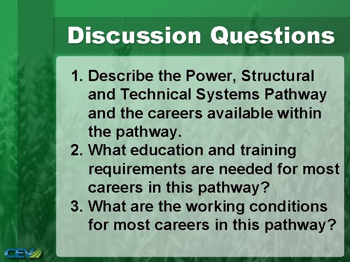 Discussion Questions 1. Describe the Power, Structural and Technical Systems Pathway and the careers