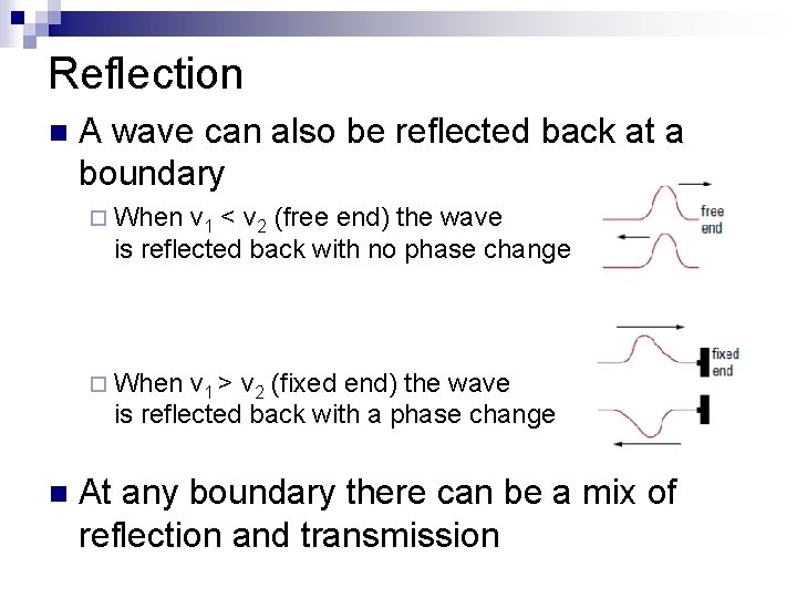 Reflection n A wave can also be reflected back at a boundary ¨ When