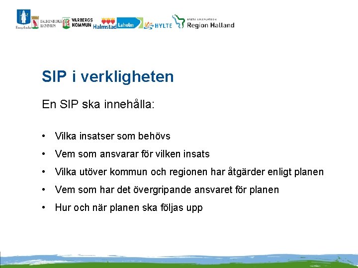 SIP i verkligheten En SIP ska innehålla: • Vilka insatser som behövs • Vem