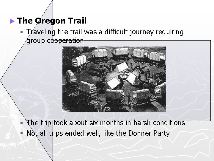 ► The Oregon Trail § Traveling the trail was a difficult journey requiring group