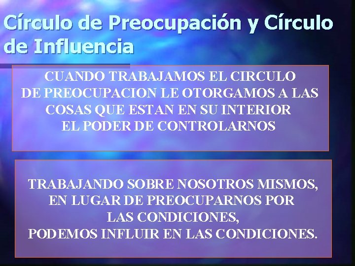 Círculo de Preocupación y Círculo de Influencia CUANDO TRABAJAMOS EL CIRCULO DE PREOCUPACION LE