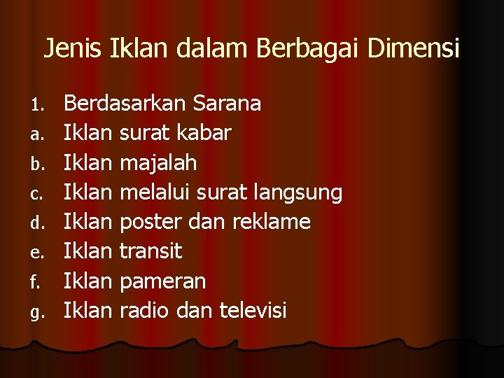 Jenis Iklan dalam Berbagai Dimensi 1. a. b. c. d. e. f. g. Berdasarkan