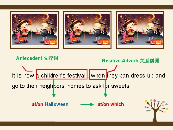 Antecedent 先行词 Relative Adverb 关系副词 It is now a children’s festival , when they