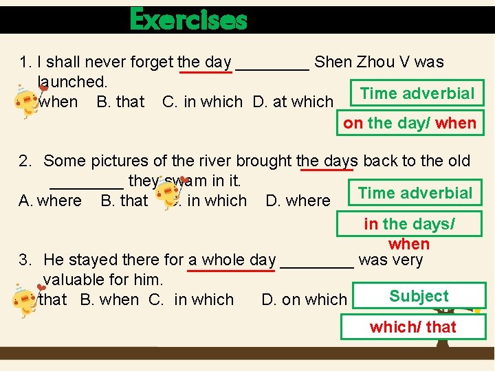 Exercises 1. I shall never forget the day ____ Shen Zhou V was launched.