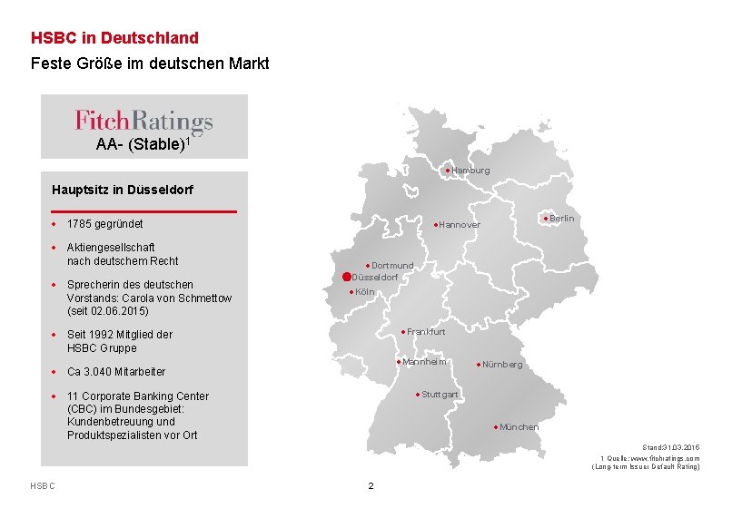 HSBC in Deutschland Feste Größe im deutschen Markt AA- (Stable)1 Hamburg Hauptsitz in Düsseldorf