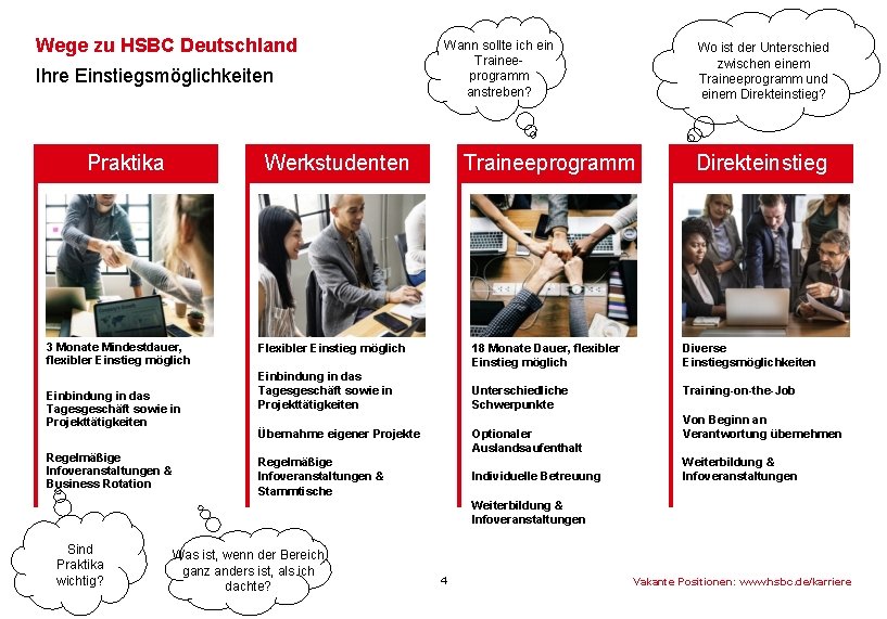 Wege zu HSBC Deutschland Ihre Einstiegsmöglichkeiten Praktika Wann sollte ich ein Traineeprogramm anstreben? Werkstudenten