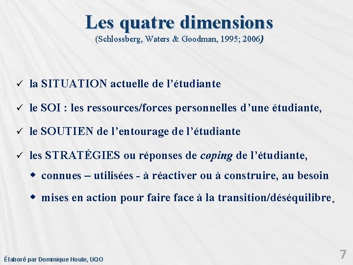 Les quatre dimensions (Schlossberg, Waters & Goodman, 1995; 2006) 200 ü la SITUATION actuelle