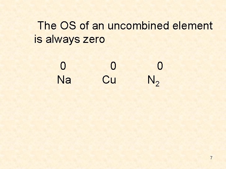 The OS of an uncombined element is always zero 0 Na 0 Cu 0