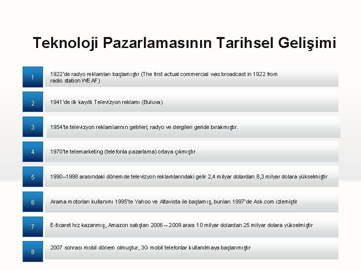 Teknoloji Pazarlamasının Tarihsel Gelişimi 1 1922’de radyo reklamları başlamıştır (The first actual commercial was