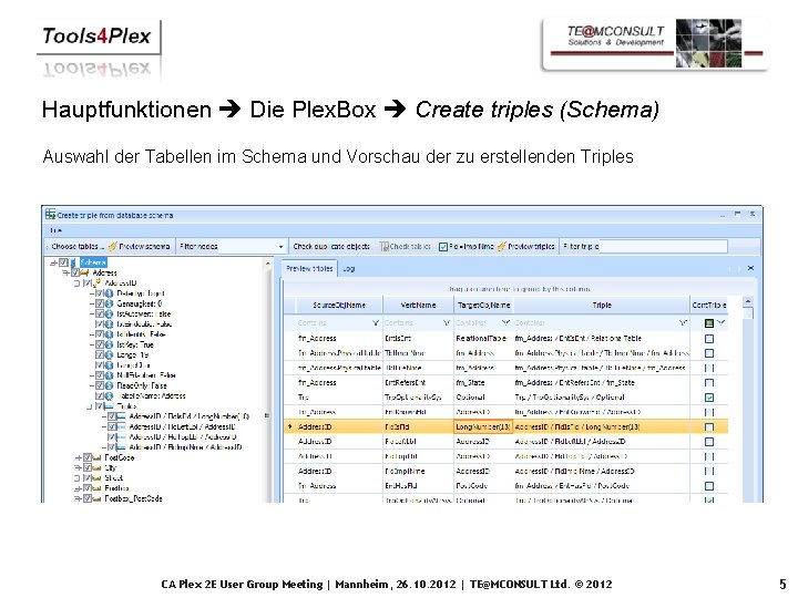Hauptfunktionen Die Plex. Box Create triples (Schema) Auswahl der Tabellen im Schema und Vorschau