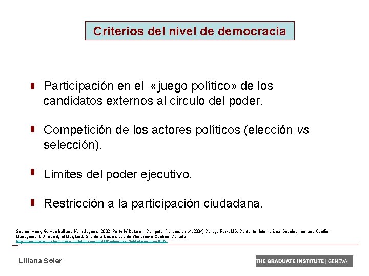 Criterios del nivel de democracia Participación en el «juego político» de los candidatos externos