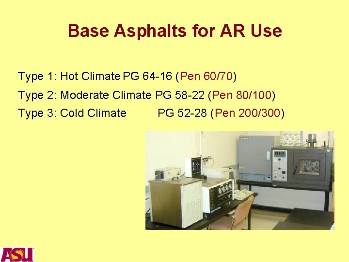 Base Asphalts for AR Use Type 1: Hot Climate PG 64 -16 (Pen 60/70)
