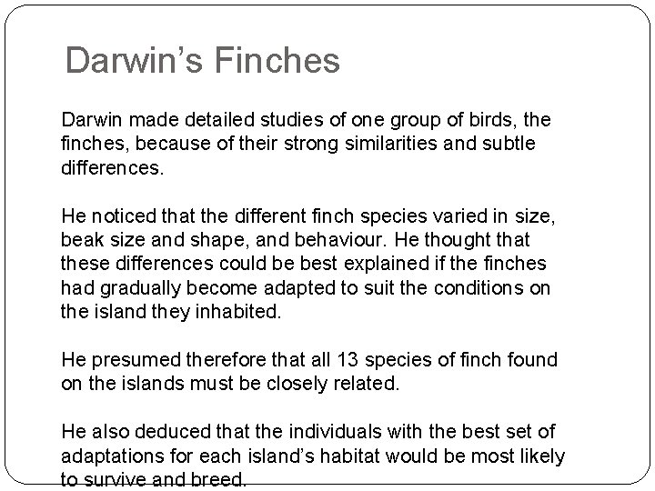 Darwin’s finches Darwin’s Finches Darwin made detailed studies of one group of birds, the