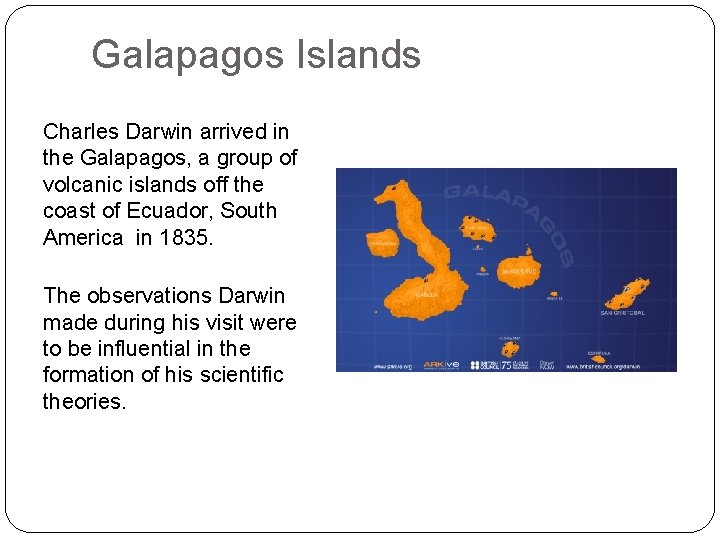 Galapagos Islands Charles Darwin arrived in the Galapagos, a group of volcanic islands off