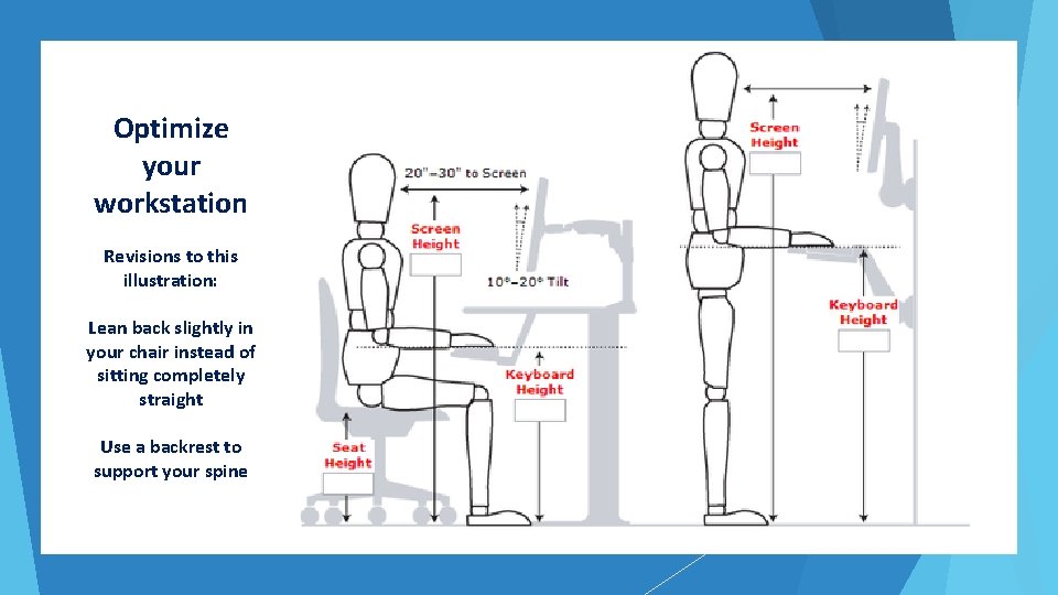Optimize your workstation Revisions to this illustration: Lean back slightly in your chair instead