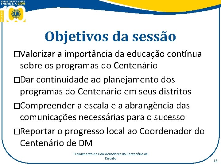 Objetivos da sessão �Valorizar a importância da educação contínua sobre os programas do Centenário