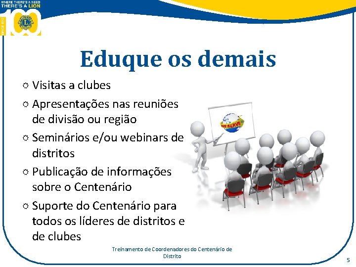 Eduque os demais Visitas a clubes Apresentações nas reuniões de divisão ou região Seminários