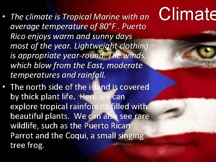  • The climate is Tropical Marine with an average temperature of 80°F. Puerto