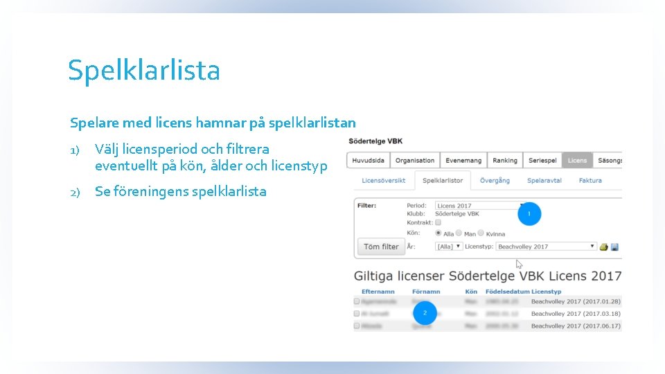 Spelklarlista Spelare med licens hamnar på spelklarlistan 1) Välj licensperiod och filtrera eventuellt på