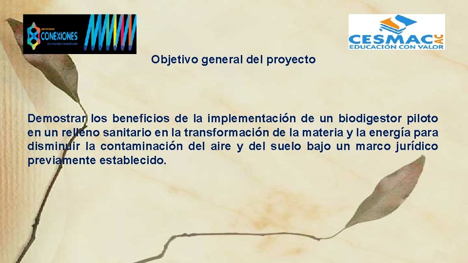 Objetivo general del proyecto Demostrar los beneficios de la implementación de un biodigestor piloto