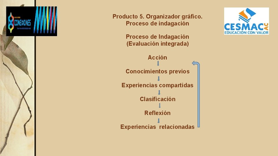 Producto 5. Organizador gráfico. Proceso de indagación Proceso de Indagación (Evaluación integrada) Acción Conocimientos