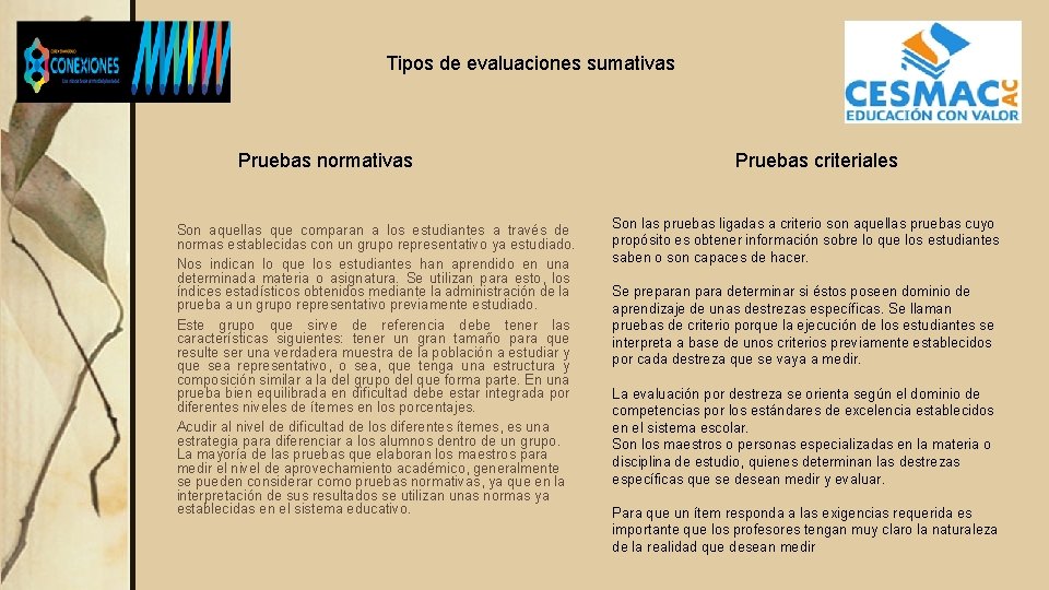 Tipos de evaluaciones sumativas Pruebas normativas Son aquellas que comparan a los estudiantes a