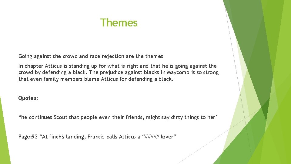 Themes Going against the crowd and race rejection are themes In chapter Atticus is