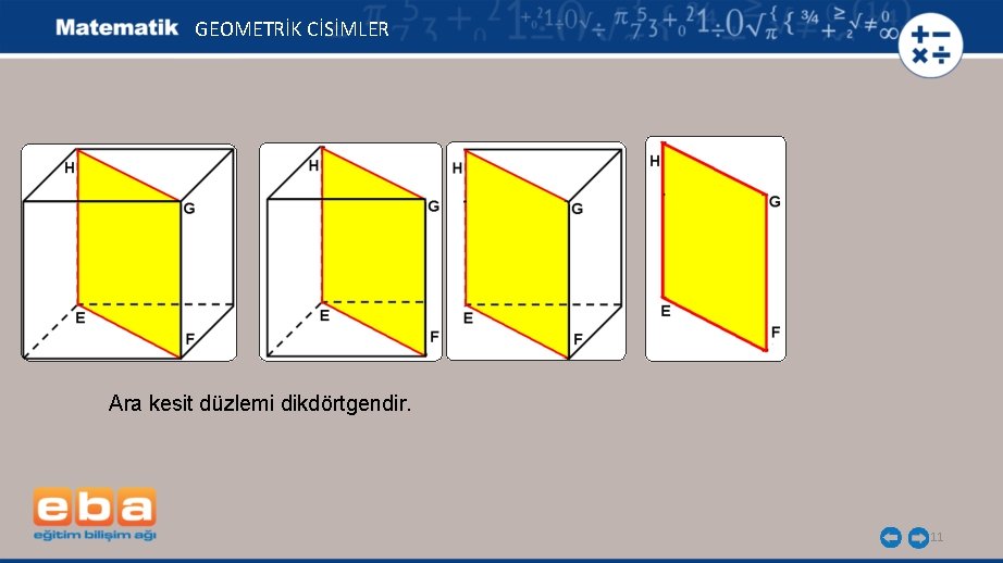 GEOMETRİK CİSİMLER Ara kesit düzlemi dikdörtgendir. 11 