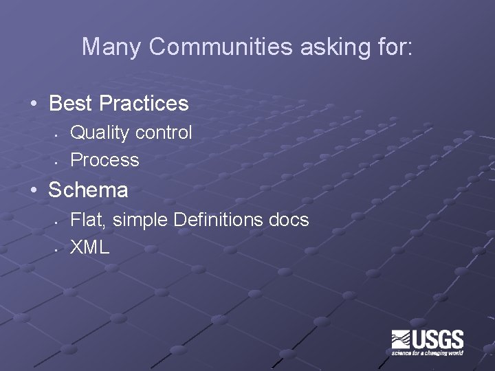 Many Communities asking for: • Best Practices • • Quality control Process • Schema