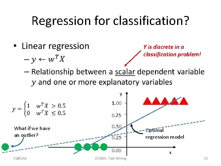 Regression for classification? • Y is discrete in a classification problem! y 1. 00