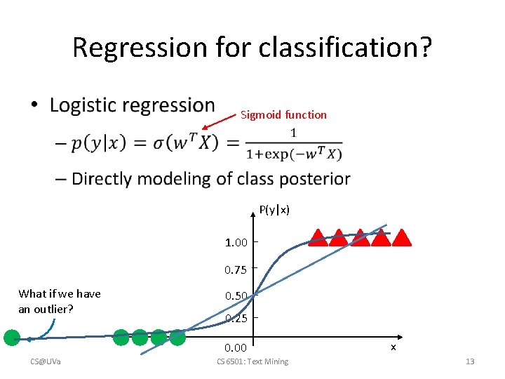 Regression for classification? • Sigmoid function P(y|x) 1. 00 0. 75 What if we