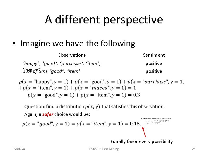 A different perspective • Imagine we have the following Observations Sentiment “happy”, “good”, “purchase”,