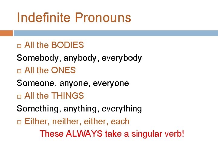 Indefinite Pronouns All the BODIES Somebody, anybody, everybody All the ONES Someone, anyone, everyone