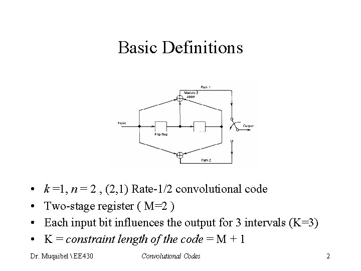 Basic Definitions • • k =1, n = 2 , (2, 1) Rate-1/2 convolutional