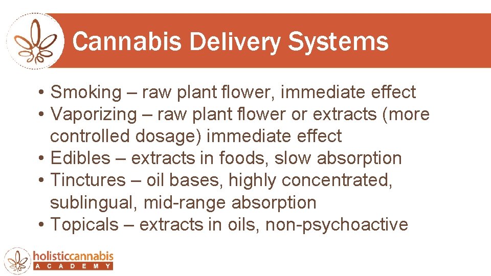 Cannabis Delivery Systems • Smoking – raw plant flower, immediate effect • Vaporizing –