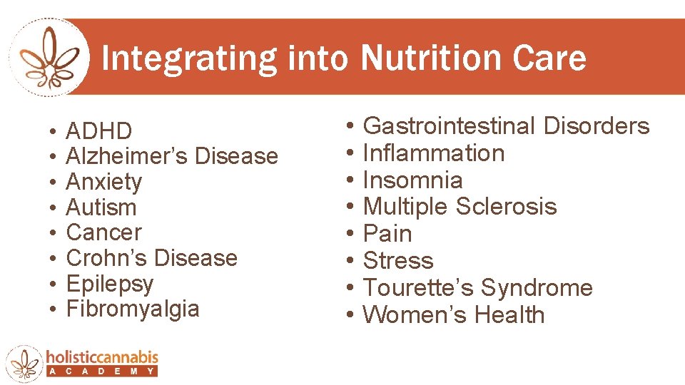 Integrating into Nutrition Care • • ADHD Alzheimer’s Disease Anxiety Autism Cancer Crohn’s Disease