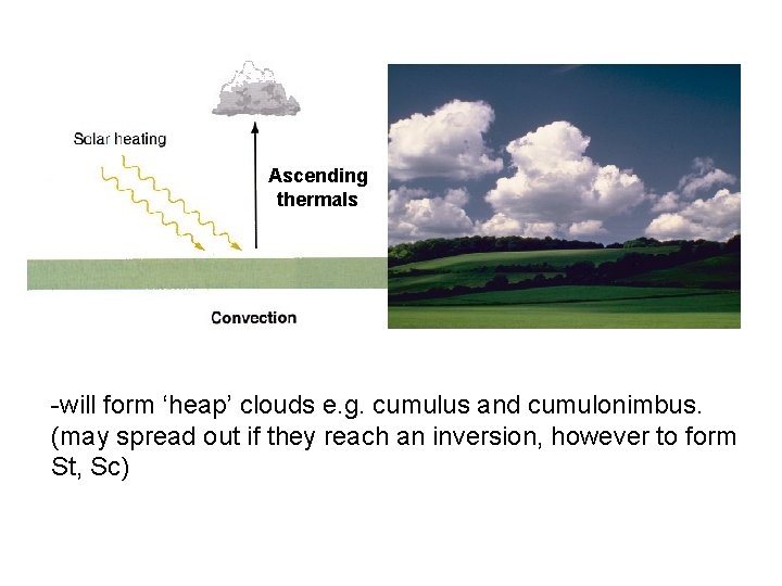 Ascending thermals -will form ‘heap’ clouds e. g. cumulus and cumulonimbus. (may spread out