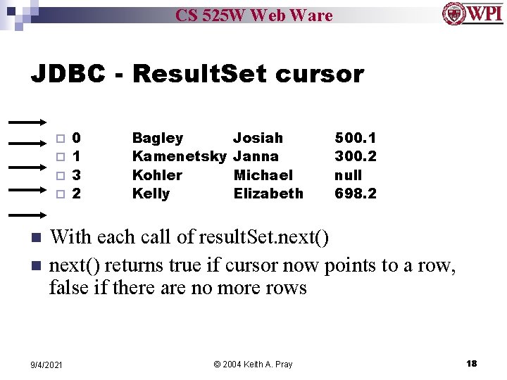 CS 525 W Web Ware JDBC - Result. Set cursor 0 ¨ 1 ¨