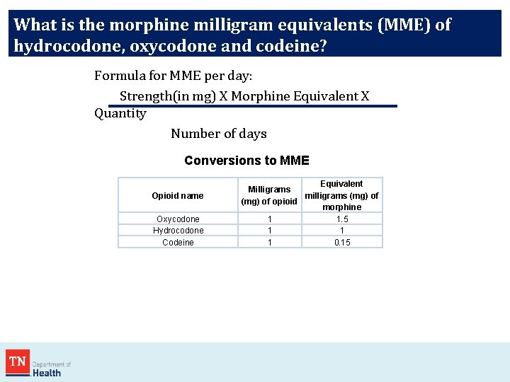 What is the morphine milligram equivalents (MME) of hydrocodone, oxycodone and codeine? Formula for