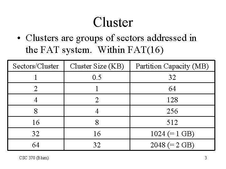 Cluster • Clusters are groups of sectors addressed in the FAT system. Within FAT(16)