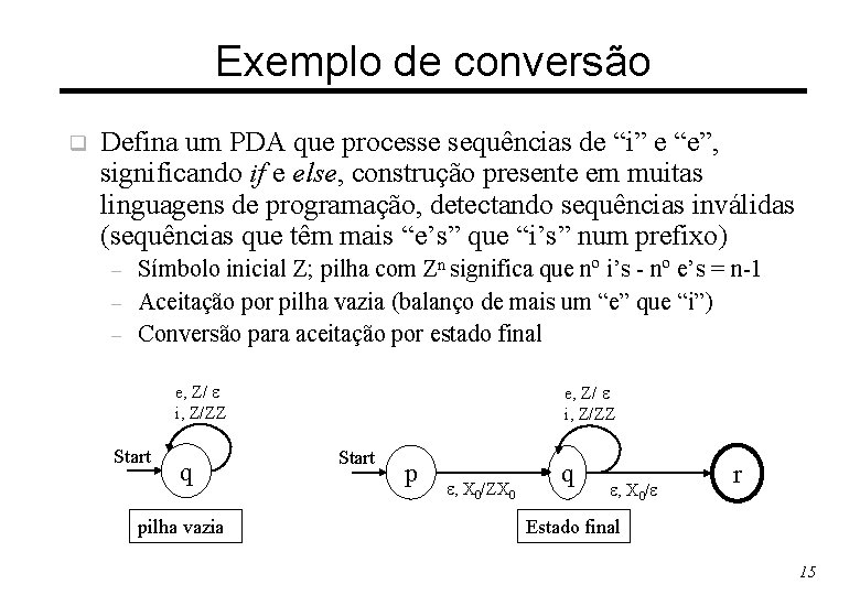 Exemplo de conversão q Defina um PDA que processe sequências de “i” e “e”,