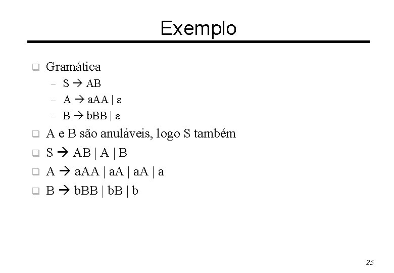 Exemplo q Gramática – – – q q S AB A a. AA |