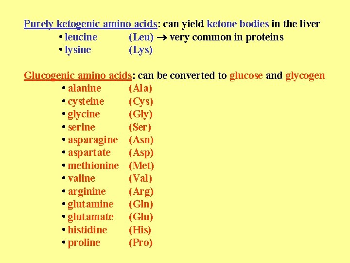 Purely ketogenic amino acids: can yield ketone bodies in the liver • leucine (Leu)