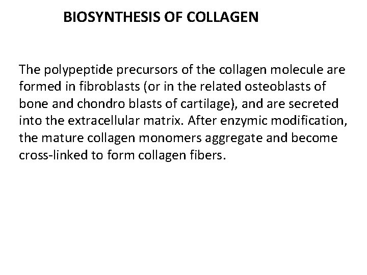BIOSYNTHESIS OF COLLAGEN The polypeptide precursors of the collagen molecule are formed in fibroblasts