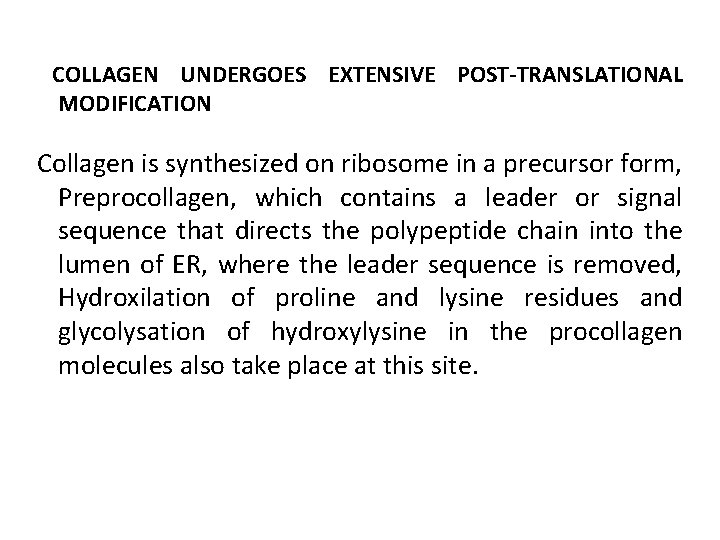 COLLAGEN UNDERGOES EXTENSIVE POST-TRANSLATIONAL MODIFICATION Collagen is synthesized on ribosome in a precursor form,